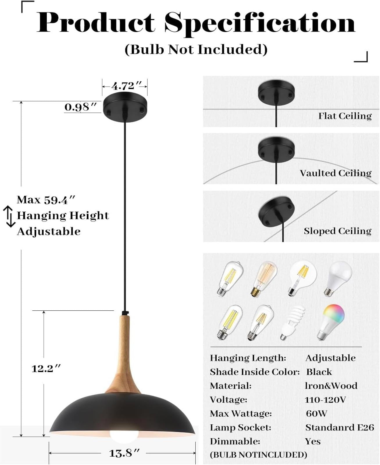 Black Pendant Light Kitchen Island 2 Pack 13.8 inch Pendant Light with Wood Cap