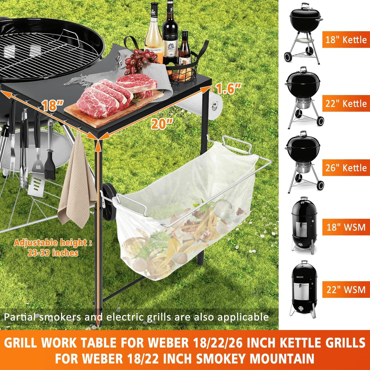 Grill Side Table for Weber Kettle 22/26, for Weber Smokey Mountain 22 Grill, ...