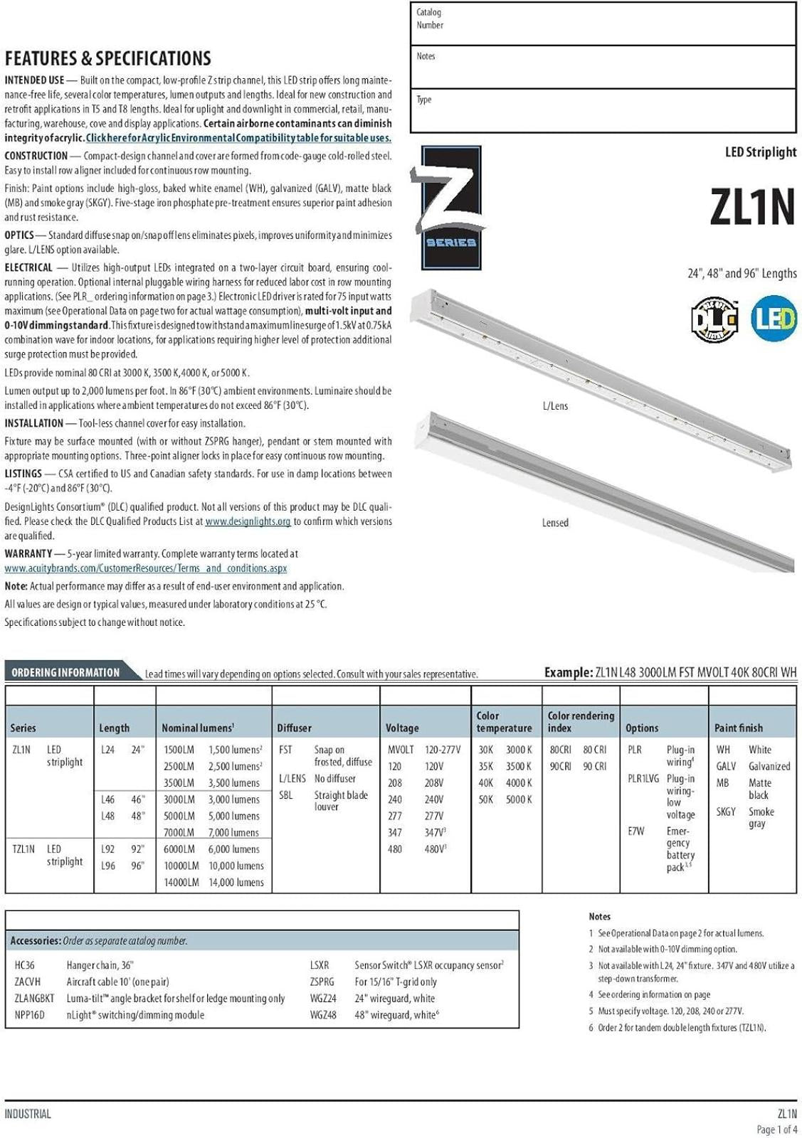 Lithonia Lighting ZL1N L48 5000LM FST MVOLT 50K 80CRI WH 5000K LED Strip Light