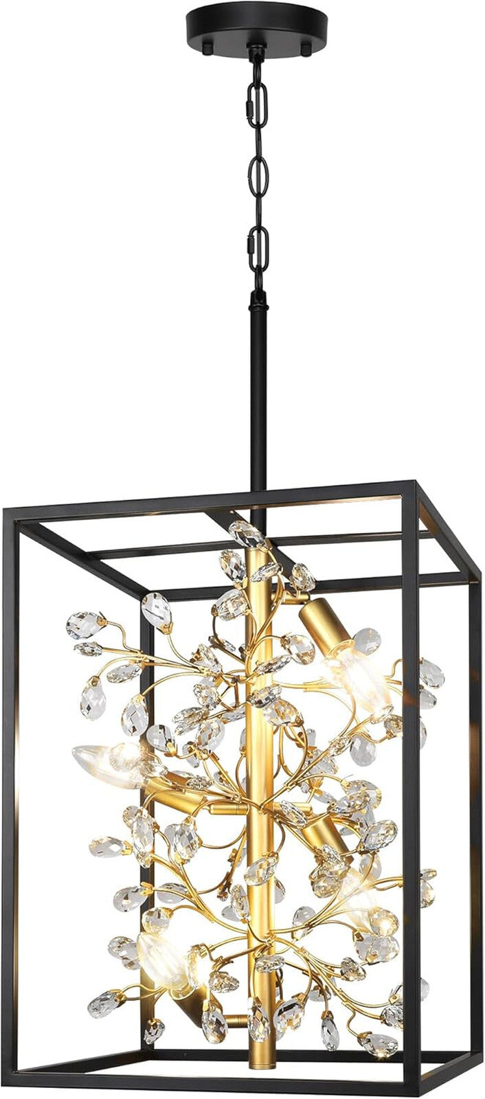 Modern Black and Gold Lantern Chandelier, 4-Light Rustic Pendant Light