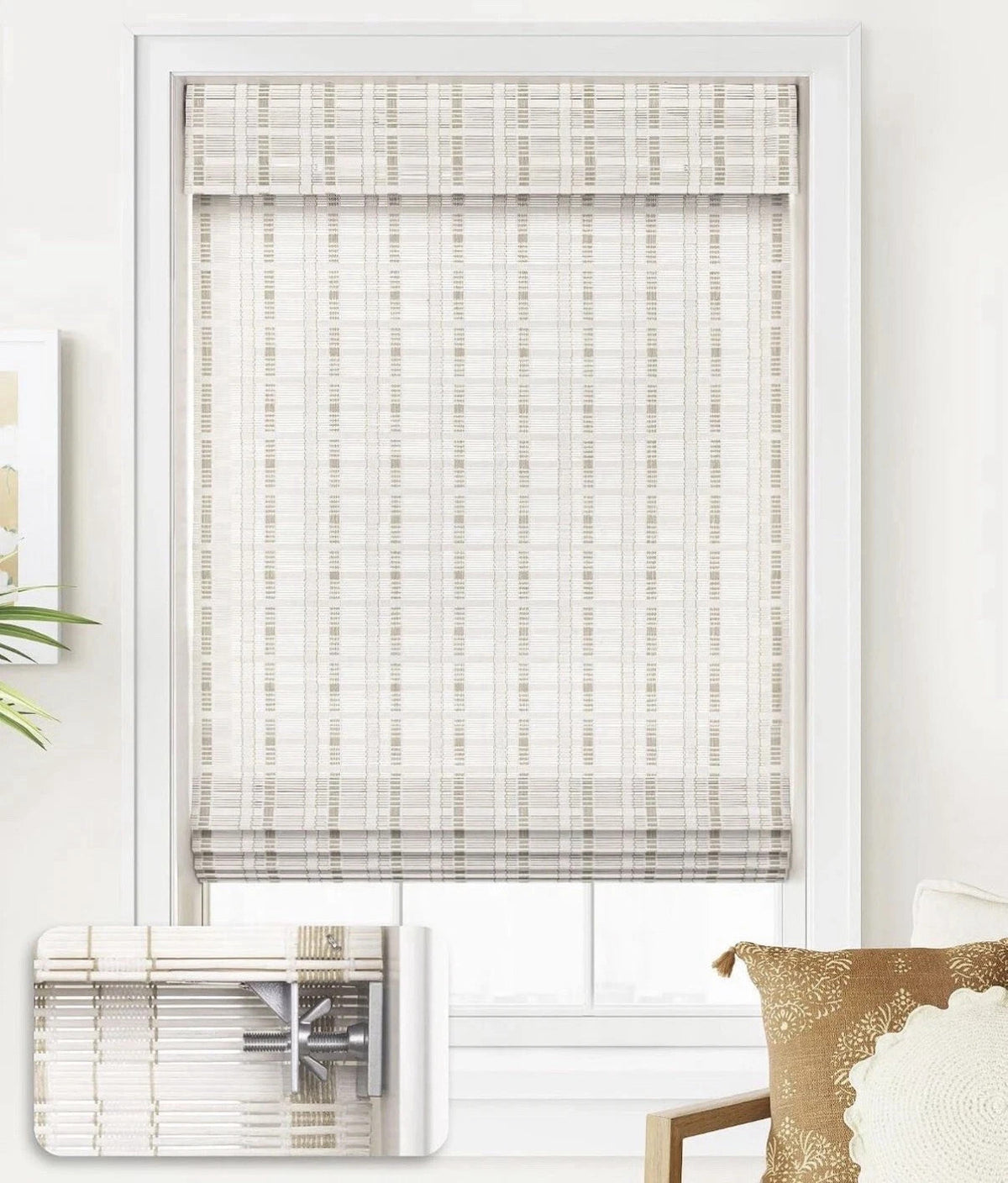 LazBlinds No Tools No Drill Cordless Bamboo Roman Shades White Wash 38”W 64”H