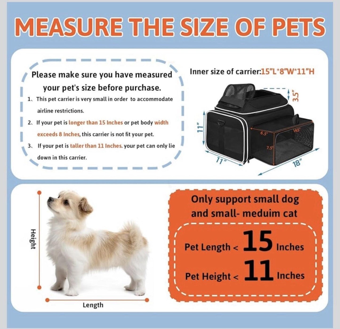 Airline Pet Carrier 18x11x11 Expandable TSA Approved - Delta, United, American