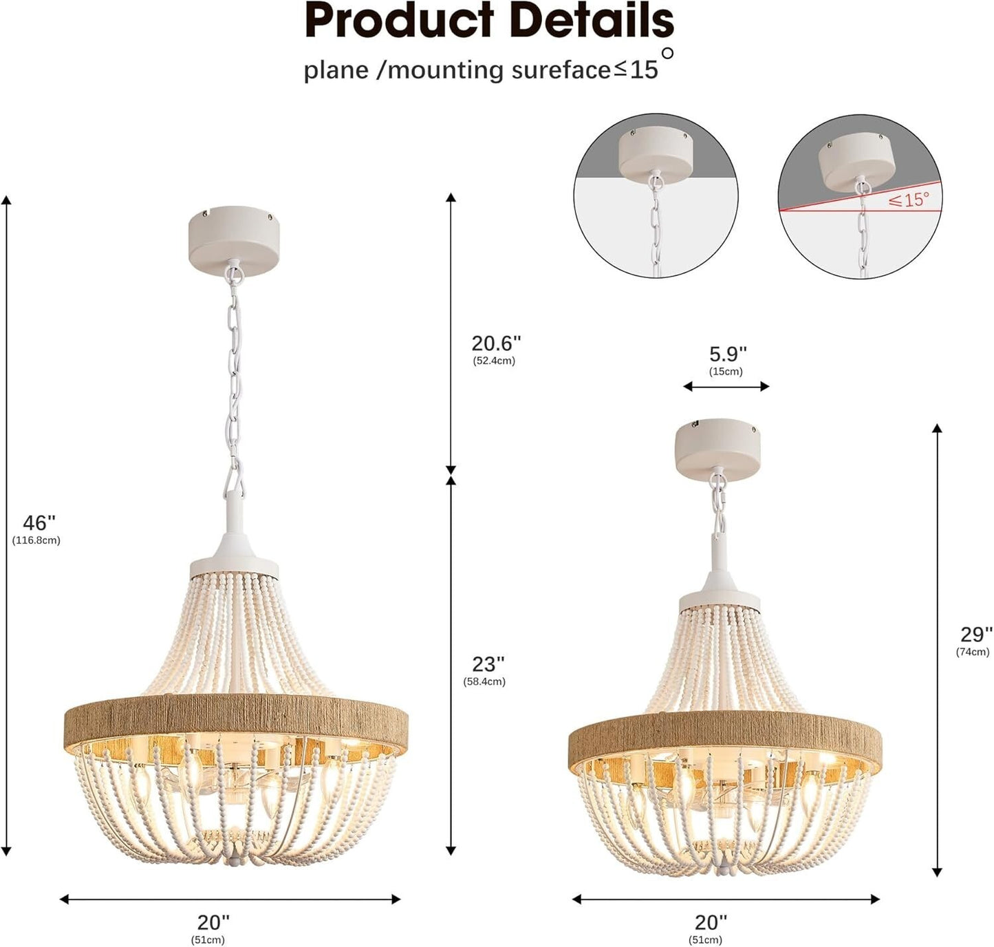 White 20“ Rustic Beaded Chandelier Ceiling Fan w/Light Remote & App Control