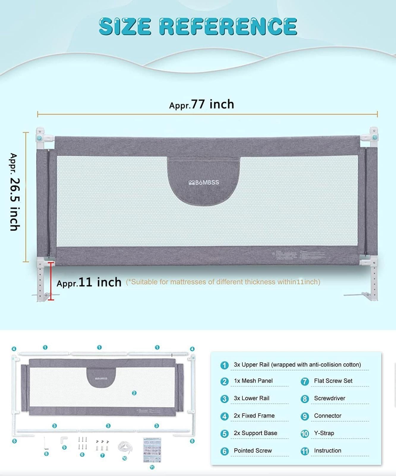 2 Pack Toddler Bed Rail Guards for King and Queen Size Beds, Stable Protective