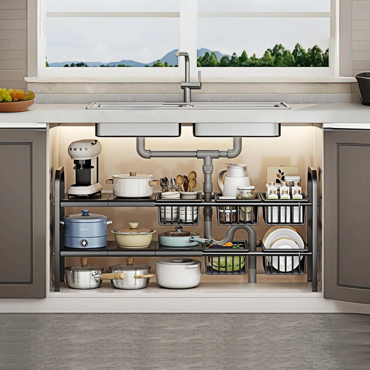 Under Sink Organizer，2 Tier Expandable Heavy Duty Metal Shelf