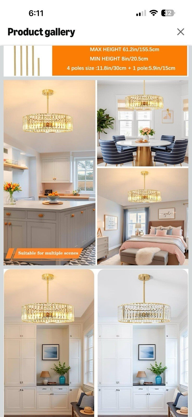 Gold Crystal Chandelier for Dining room, 6-Light Modern Semi Flush Mount Ceiling