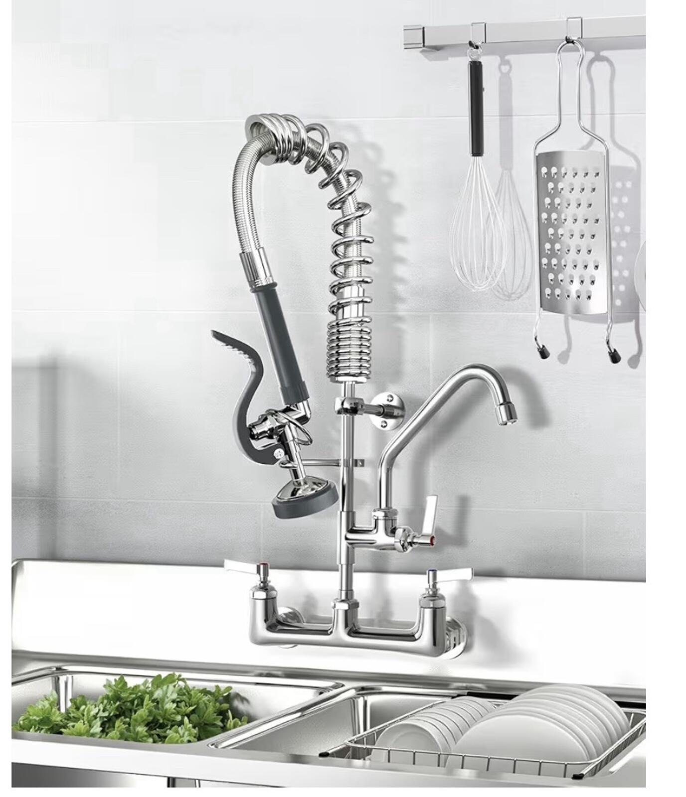 Commercial Faucet with Sprayer 8 Inch Center Wall Mount Commercial Sink Faucet,