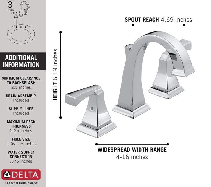 Delta 3551-MPU-DST Dryden 1.2 GPM Widespread Bathroom Faucet - Chrome