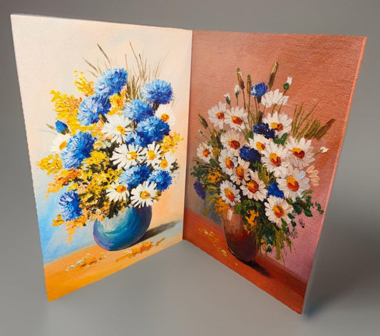 2 PC Floral Bouquet Canvas Painting Wood Backing Wall Art for Home Office Decor