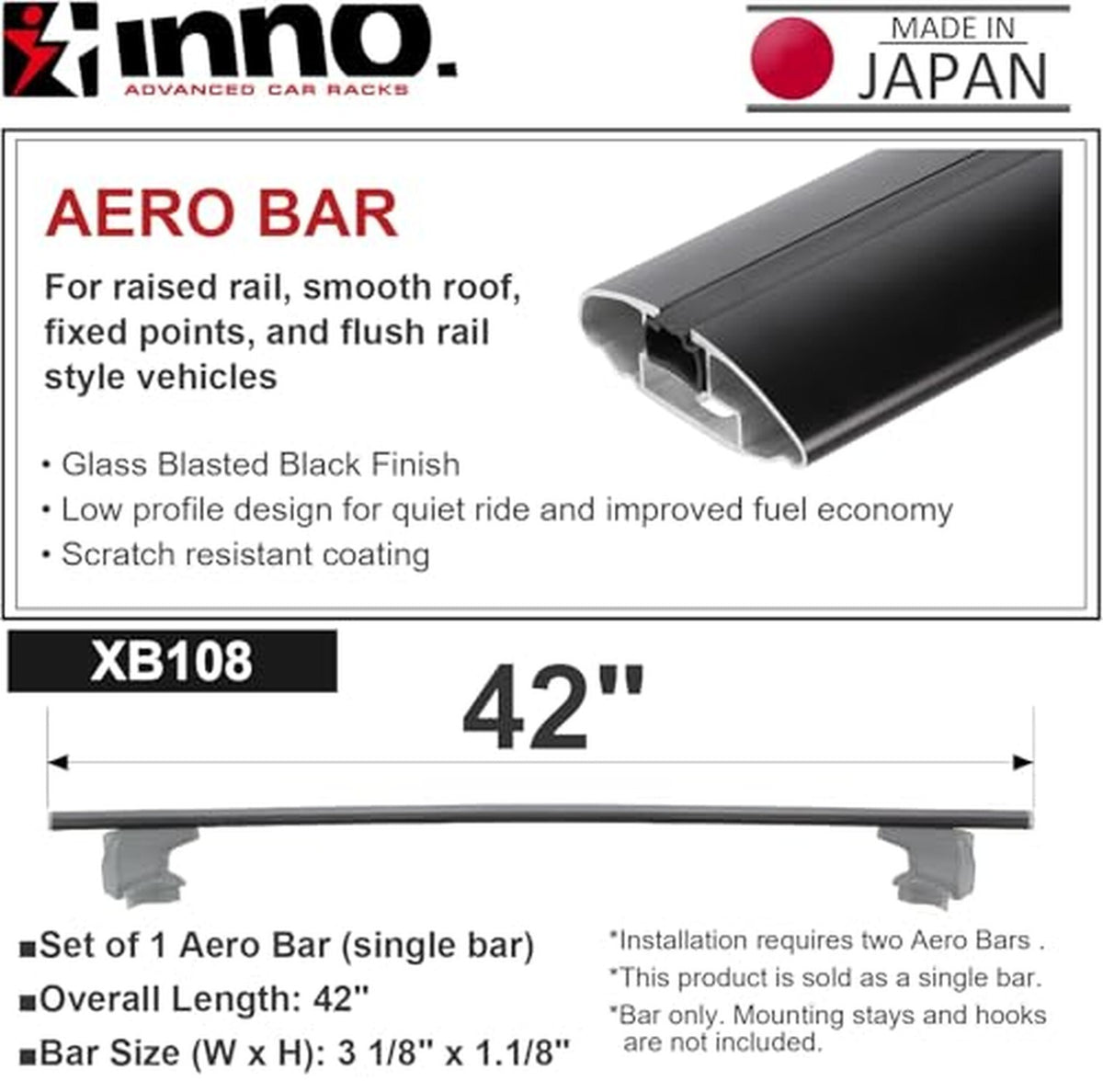 INNO AERO Base 42" BAR (1 Bar)Black Aluminum Made in Japan roof Rack Cross bar