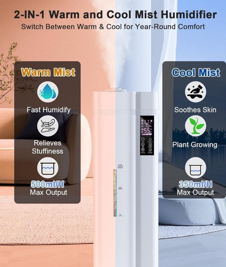 Zeova 13L/3.4Gal Humidifiers for Bedroom Ultrasonic Warm & Cool Mist HQ-JS2418W