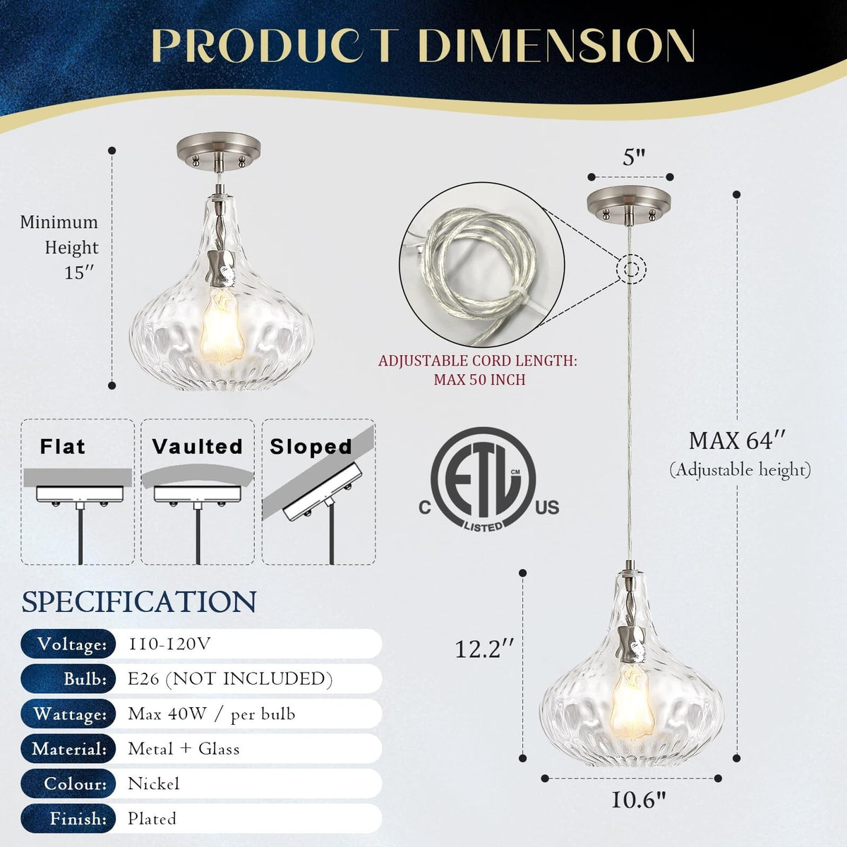 Hammered Glass Pendant Light for Kitchen Island, 11-Inch Modern Brushed Nicke...