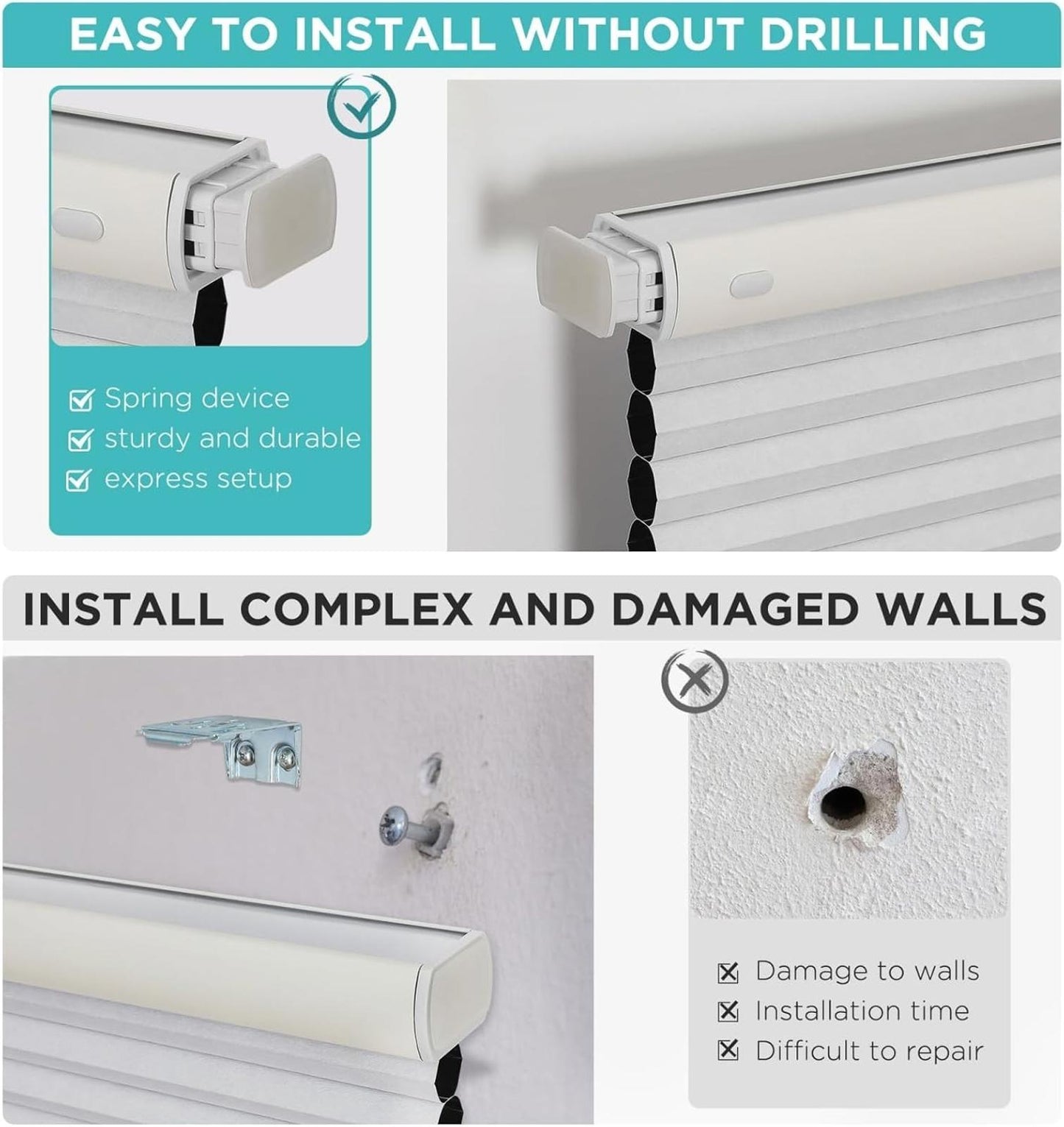 No Tools No Drill Window Blinds for Indoor Windows, Blackout Shades Cellular