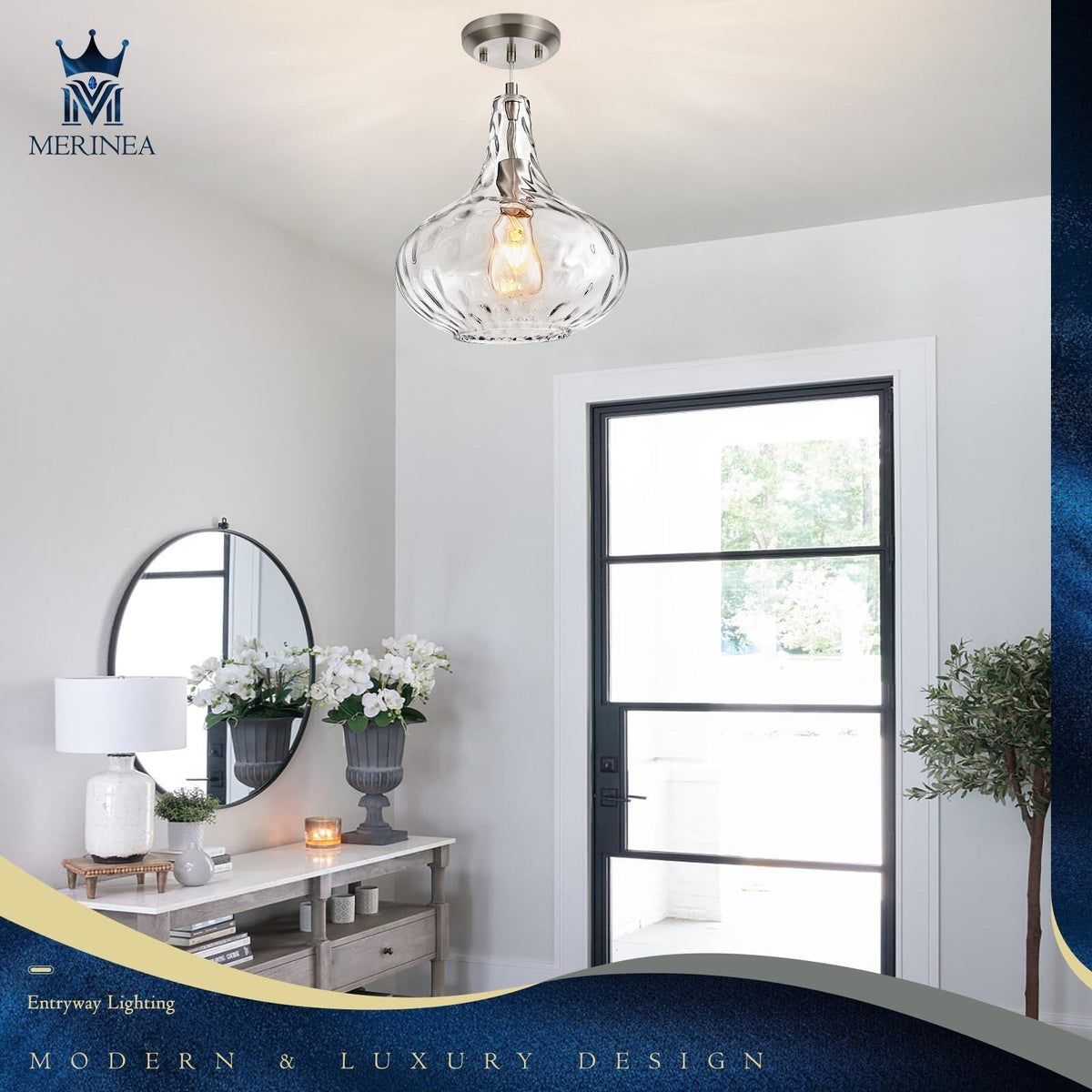 Hammered Glass Pendant Light for Kitchen Island, 11-Inch Modern Brushed Nicke...