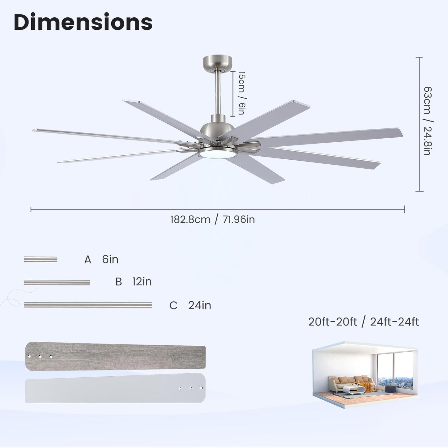 72 inch Large Ceiling Fans with Lights and Remote, Indoor/Outdoor Brushed Nic...