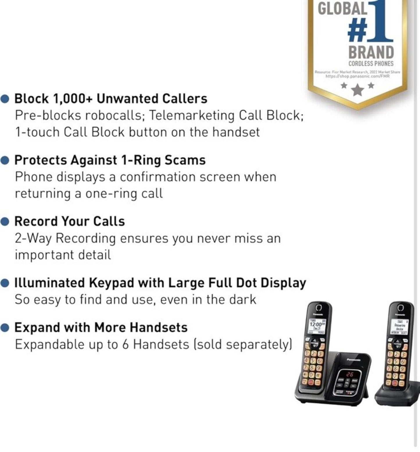 KX-TGD832M Panasonic 2-Handset Cordless Phone with Call Block & Bilingual ID