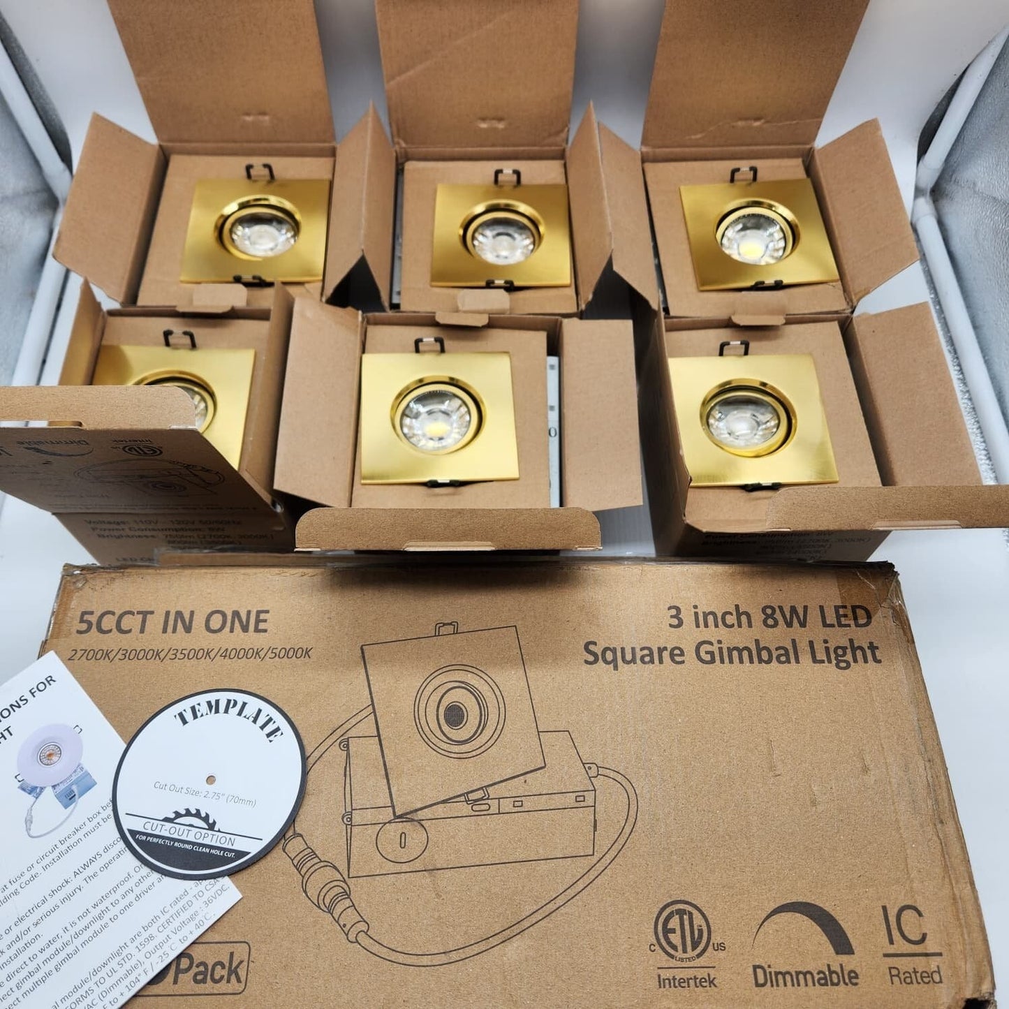 Wembanma 3 Inch 8W LED Gimbal Recessed Light 5CCT Selectable Gold Square 6Pack