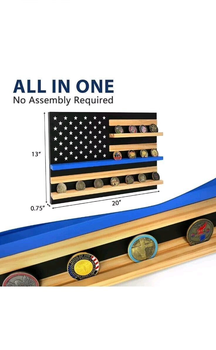 Thin Blue Line American Flag Wood Display Case Coin Holder Handmade Copper Coin 20"x 13"