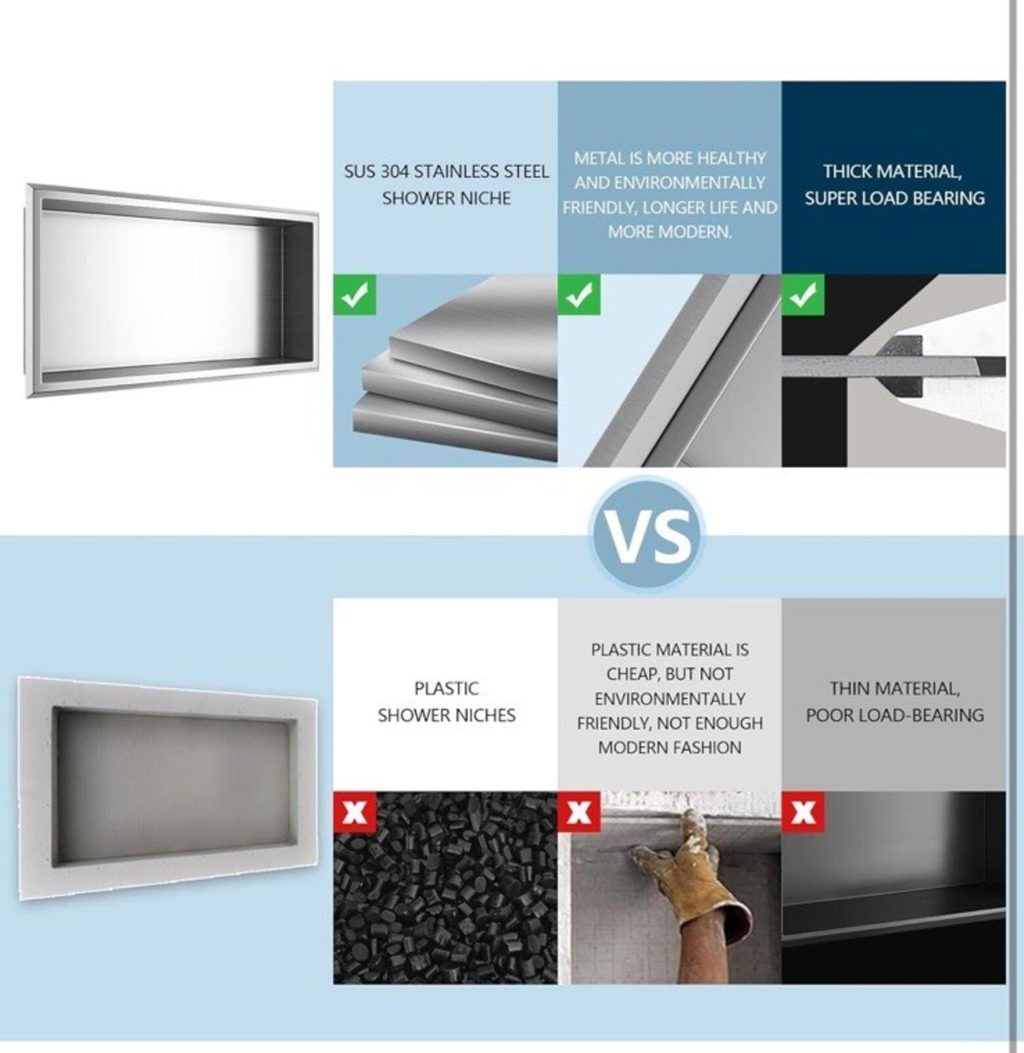 Stainless Steel Shower Niche 24" X 12", No Tile Needed Wall Niche, Recessed S...