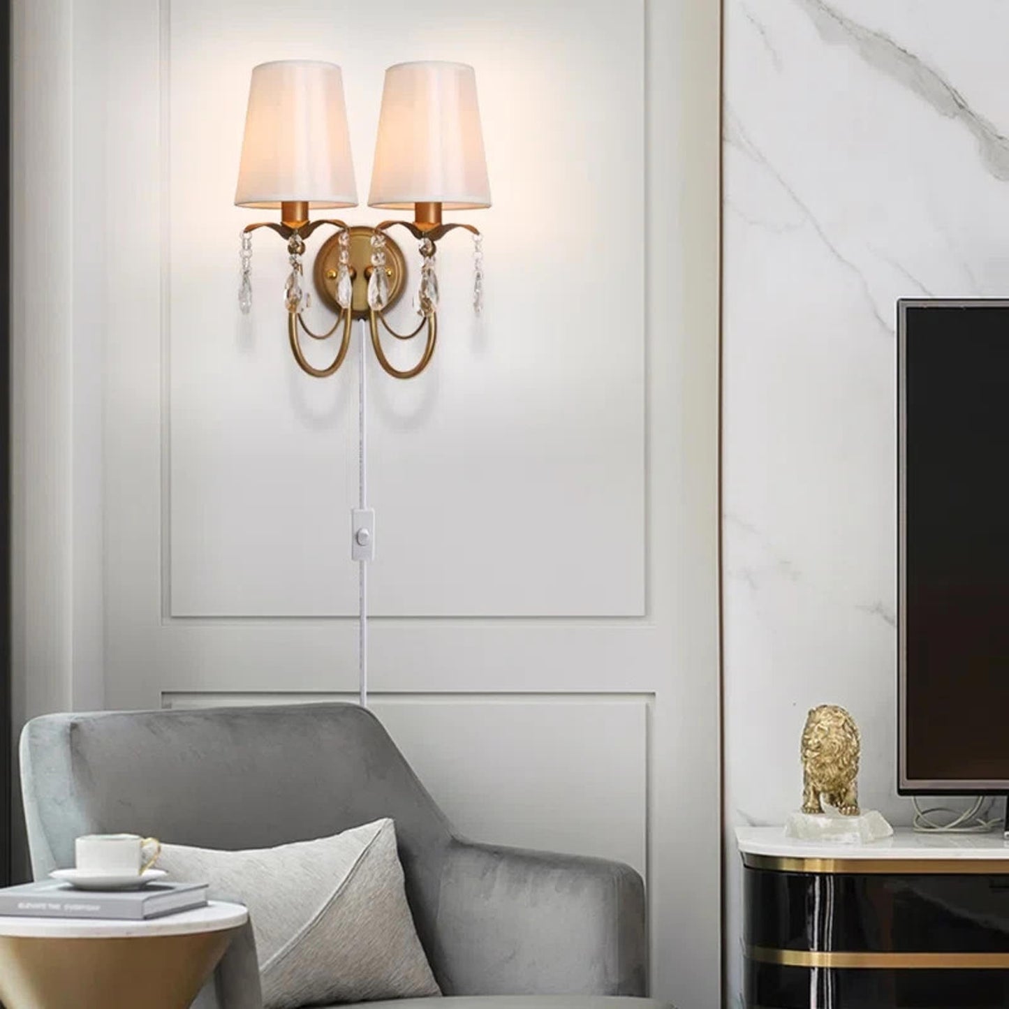 Vintage Wall Sconces with Fabric Lampshape& Crystal Hallway 2-Lights Wall Lamp