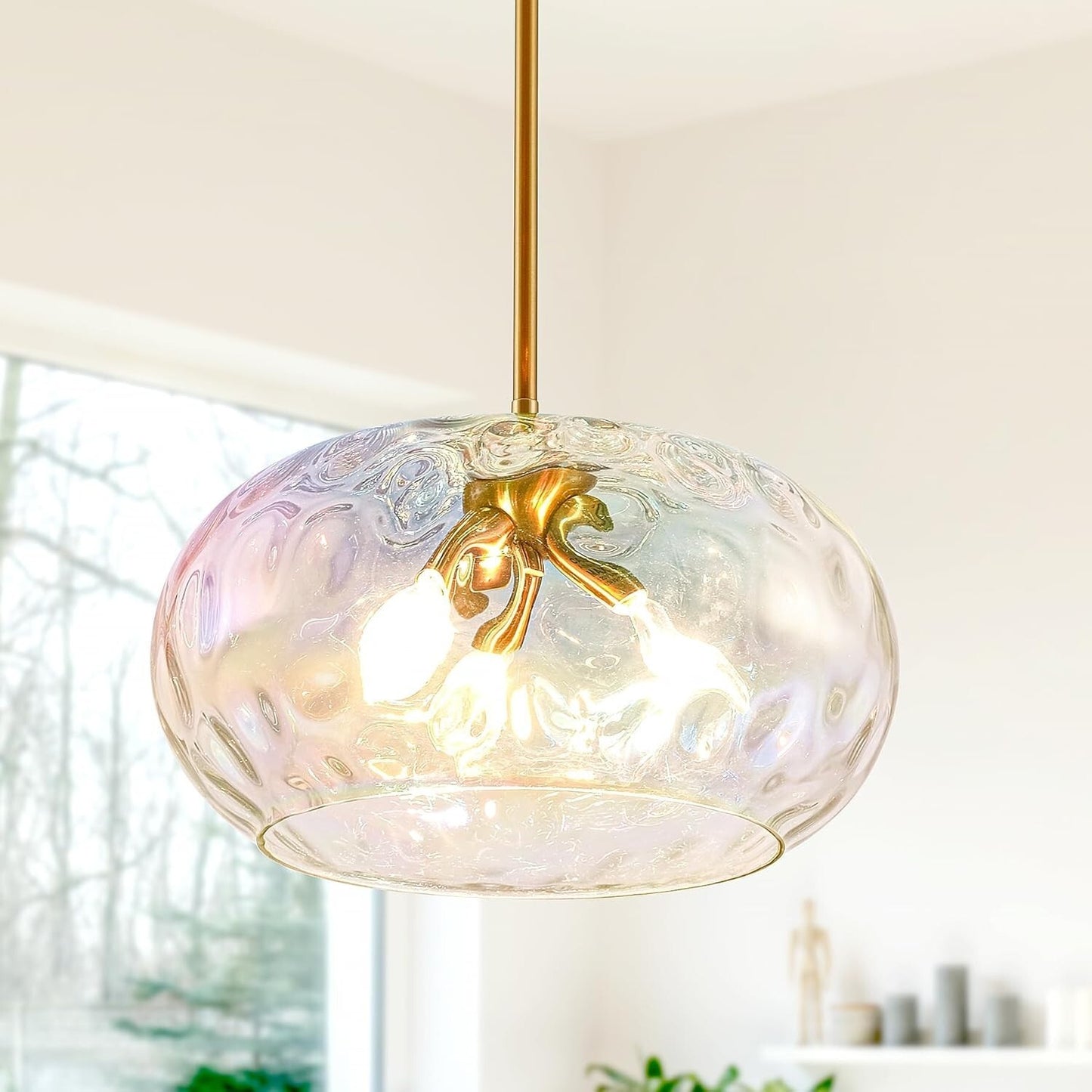 Large Glass Pendant Lighting, Hammered Lampshade Chandelier Stained, 14 Inch