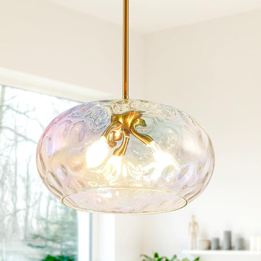 Large Glass Pendant Lighting, Hammered Lampshade Chandelier Stained, 14 Inch