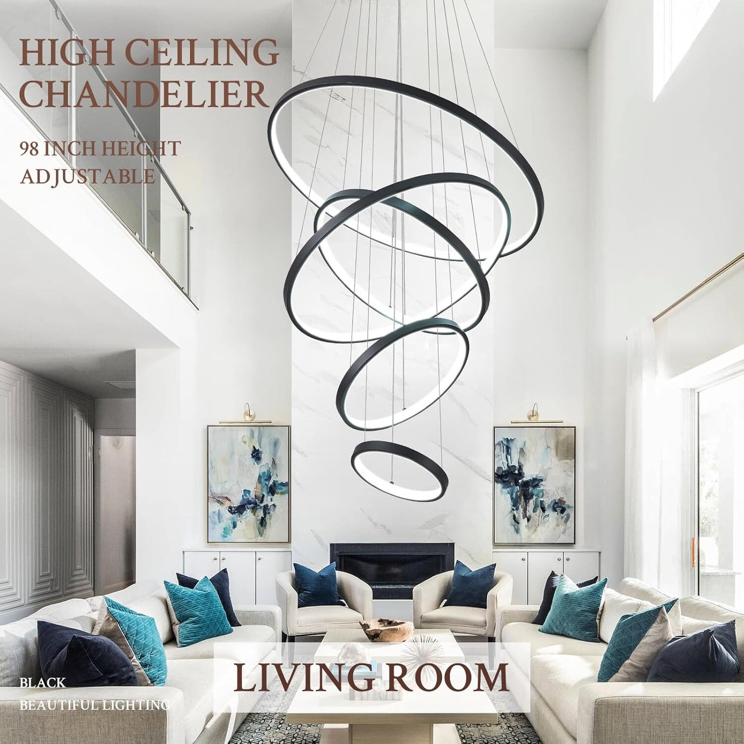 Dimmable 5 Ring LED Chandelier with Remote - Modern Pendant Lighting 3000K-6500K