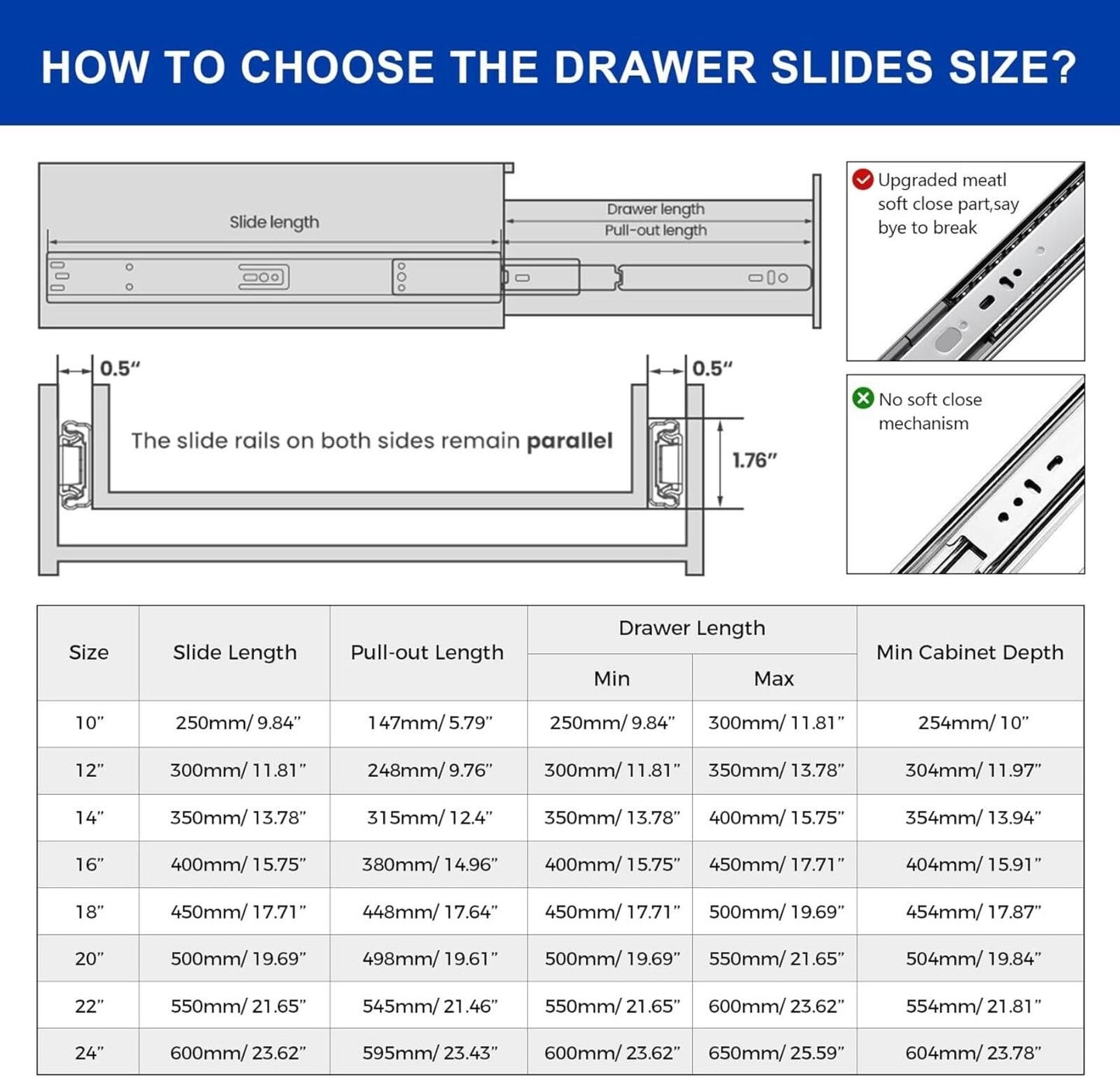6 Pairs 22 Inch Soft Close Ball Bearing Drawer Slide for Dresser Full Extension