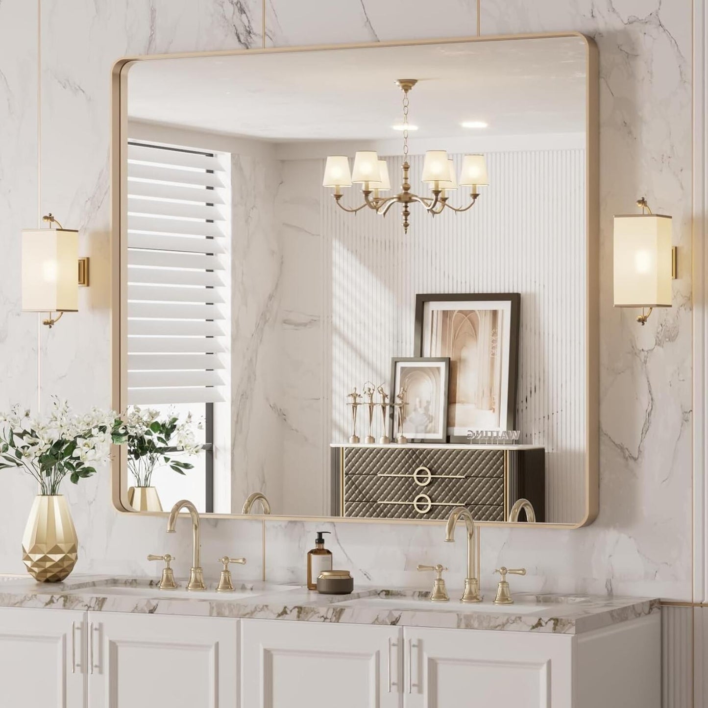 40”X36” Gold Bathroom Mirror, Rounded Rectangle Gold Frame Mirror