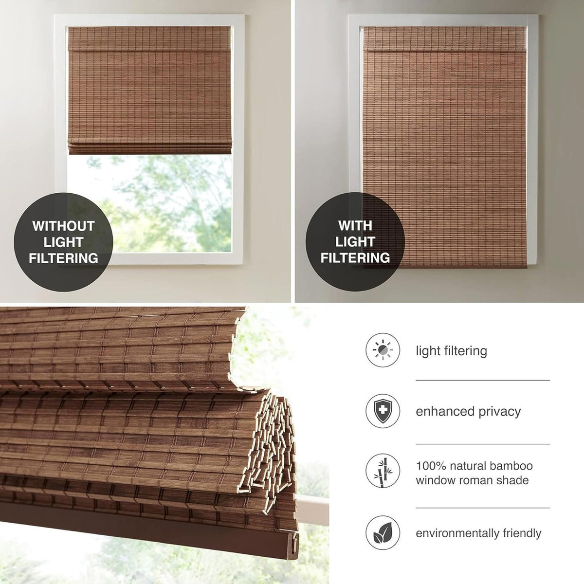 100% Bamboo Cordless Roman Shades-Woven Wooden Privacy Panel