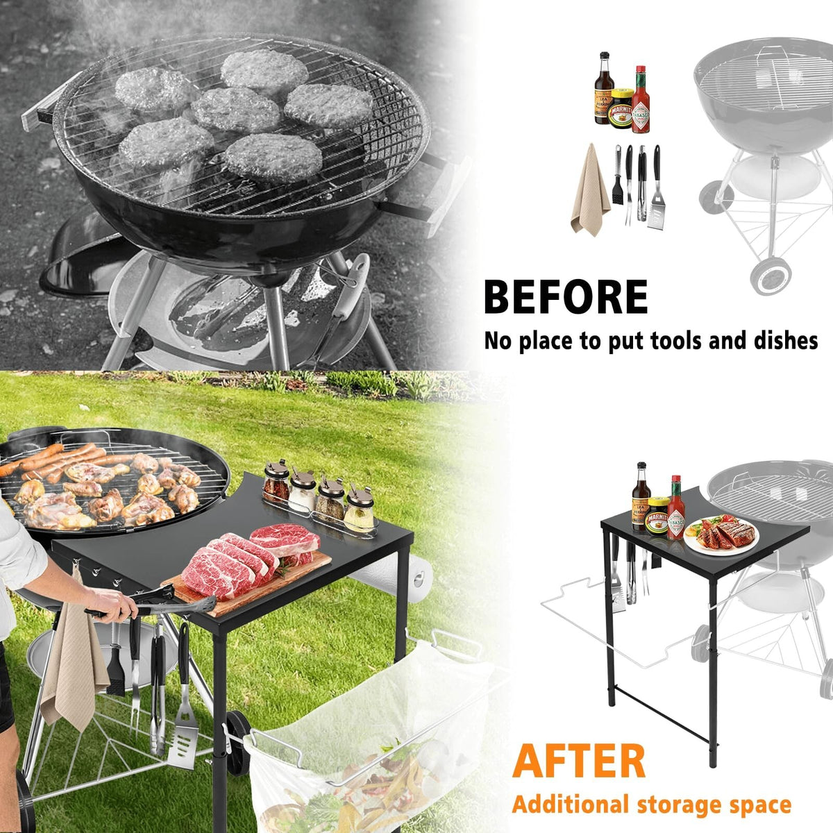Grill Side Table for Weber Kettle 22/26, for Weber Smokey Mountain 22 Grill, ...