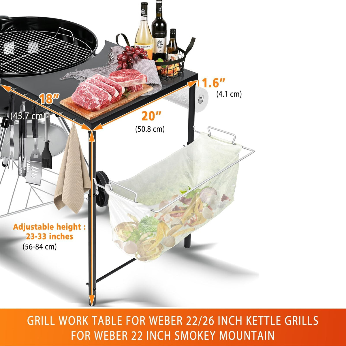 Grill Side Table for Weber Kettle 22/26, for Weber Smokey Mountain 22 Grill, ...
