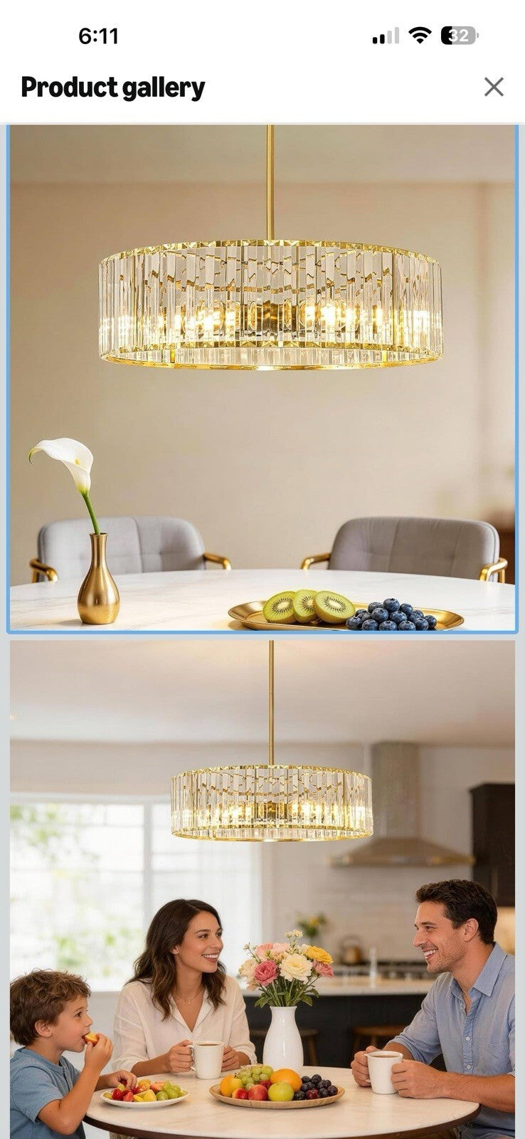Gold Crystal Chandelier for Dining room, 6-Light Modern Semi Flush Mount Ceiling