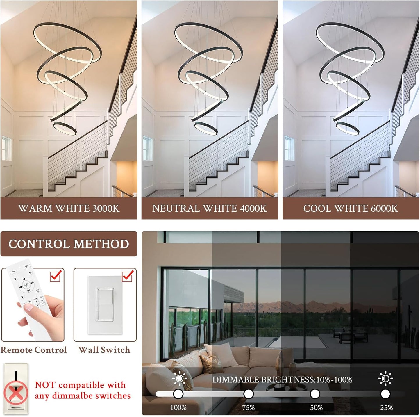 Dimmable 5 Ring LED Chandelier with Remote - Modern Pendant Lighting 3000K-6500K