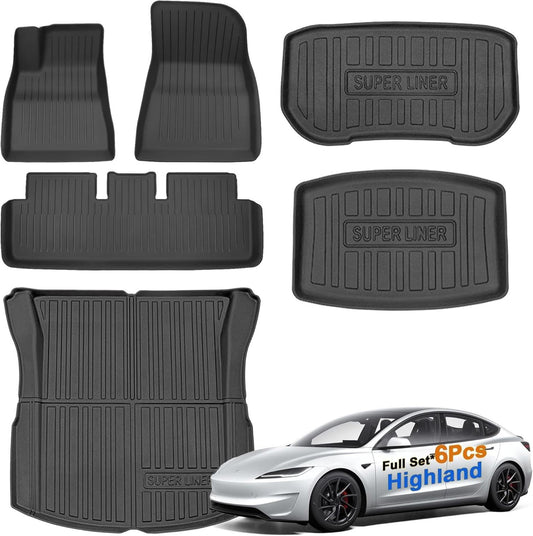 SUPER LINER Tesla Model 3 Floor Mats 2024-26 Custom Fit All-Weather 6-Piece Set