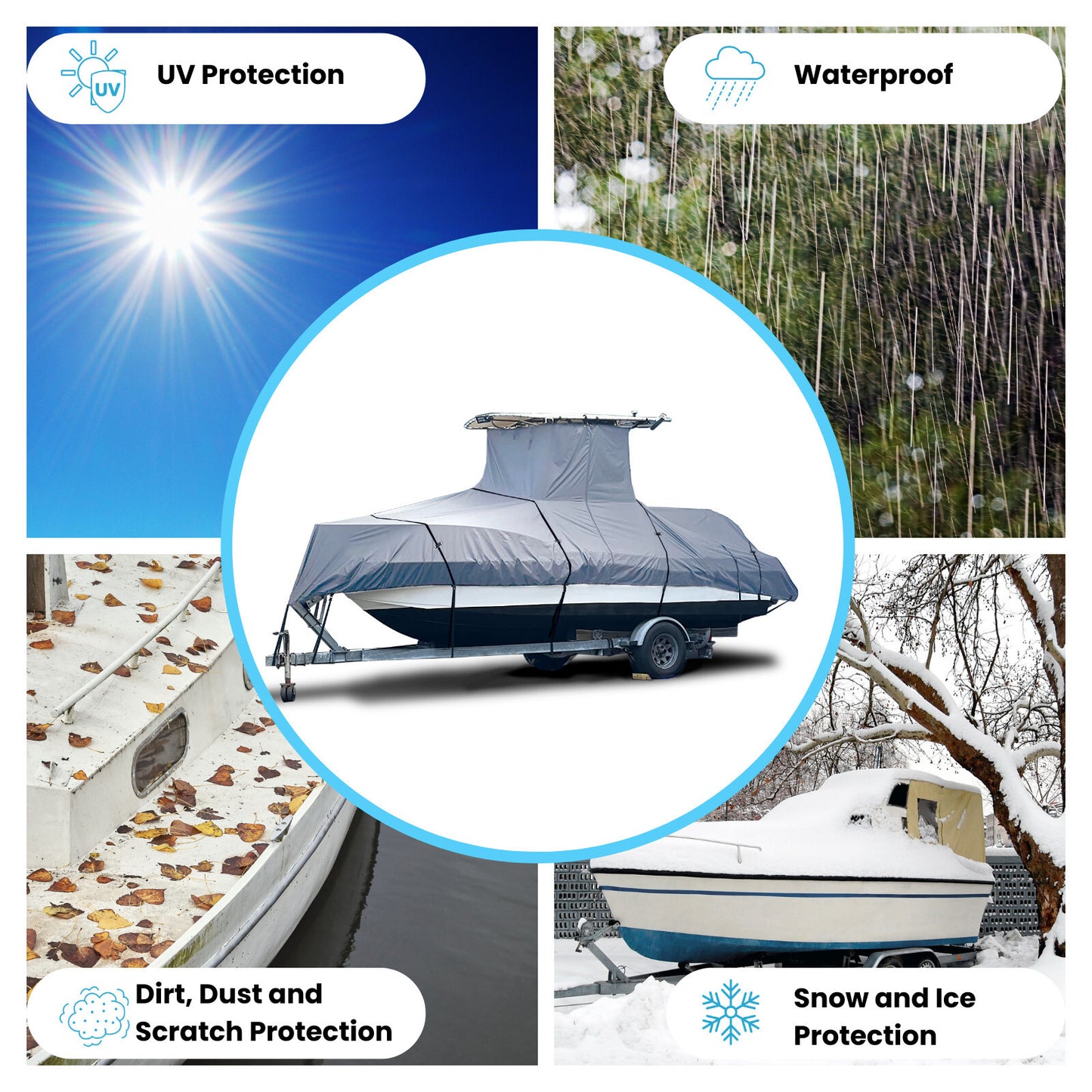 EliteShield Heavy Duty T-Top Boat Cover - Fits 30ft to 32ft Long Center Console