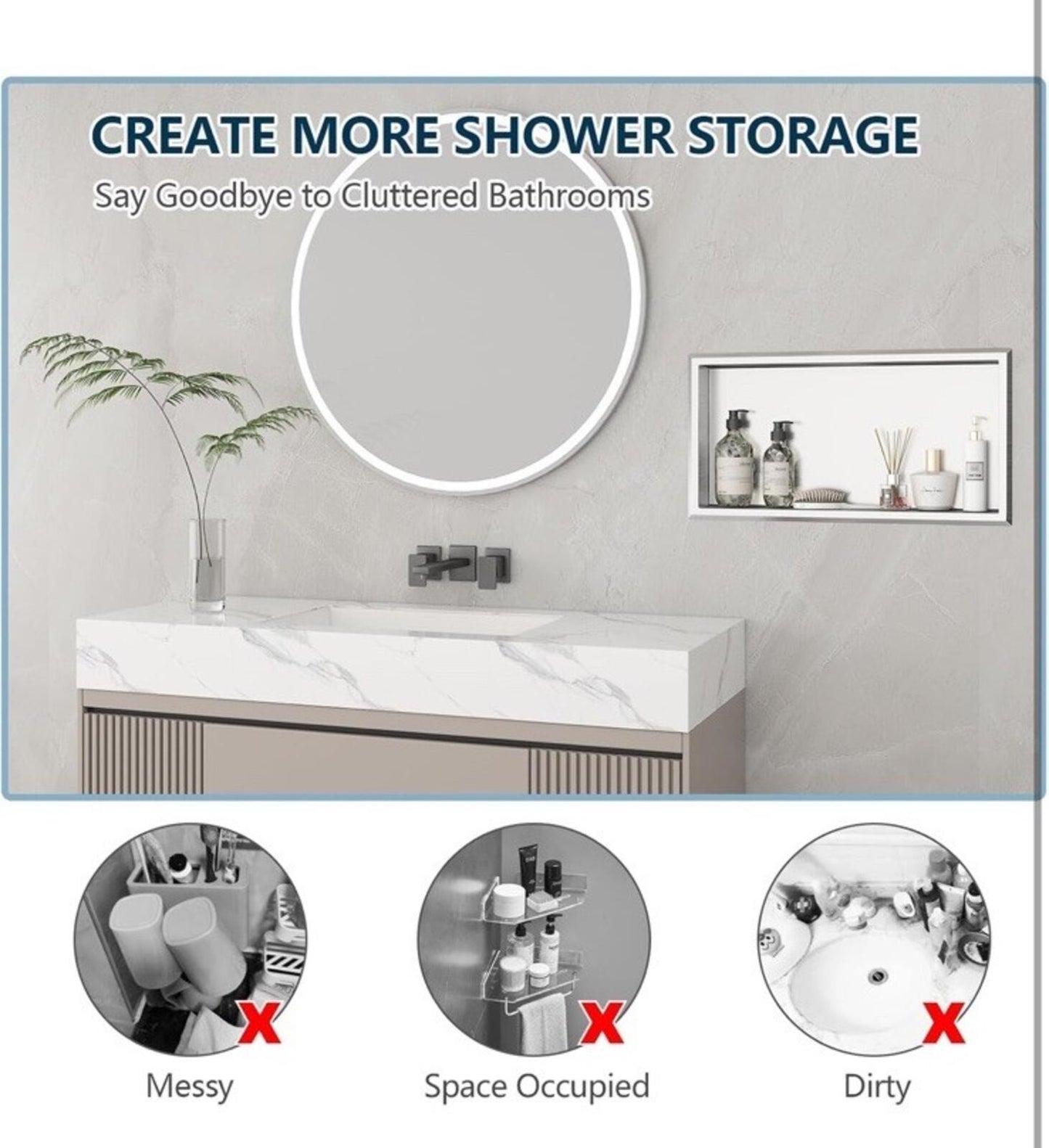 Stainless Steel Shower Niche 24" X 12", No Tile Needed Wall Niche, Recessed S...