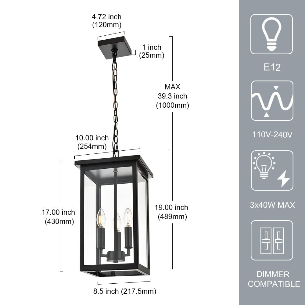 Black Outdoor Pendant Lanern, E12 Candle Chandelier 3-Lights Large Exterior H...