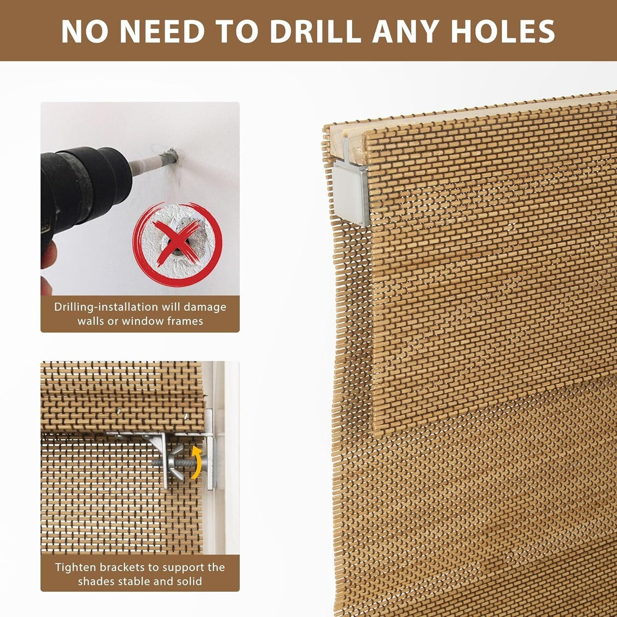 LazBlinds No Tools No Drill Cordless Bamboo Roman Shades Window 39" W x 64'' H