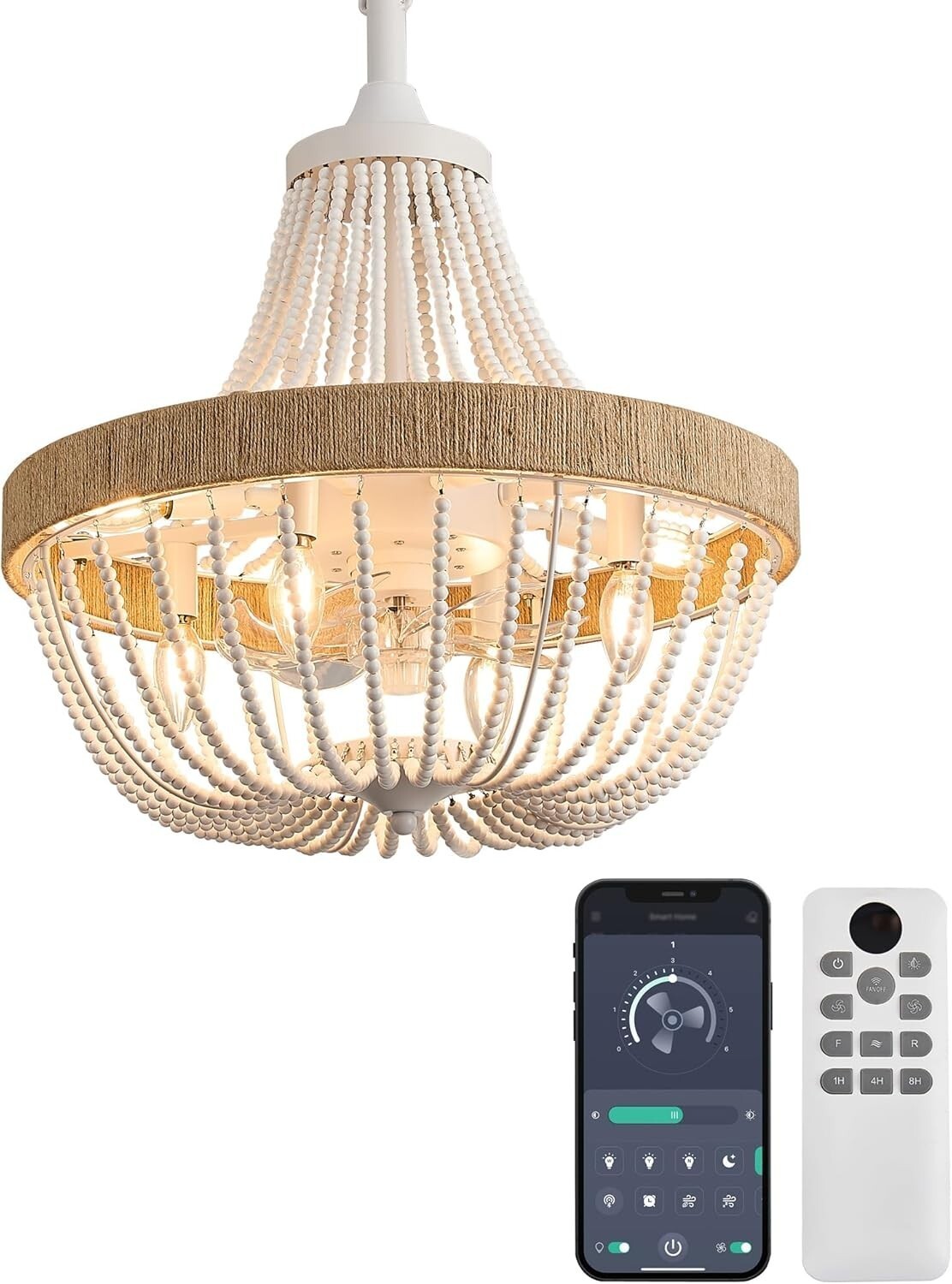 White 20“ Rustic Beaded Chandelier Ceiling Fan w/Light Remote & App Control