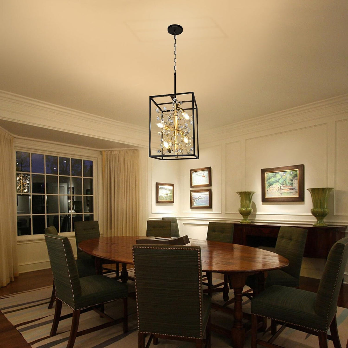 Modern Black and Gold Lantern Chandelier, 4-Light Rustic Pendant Light