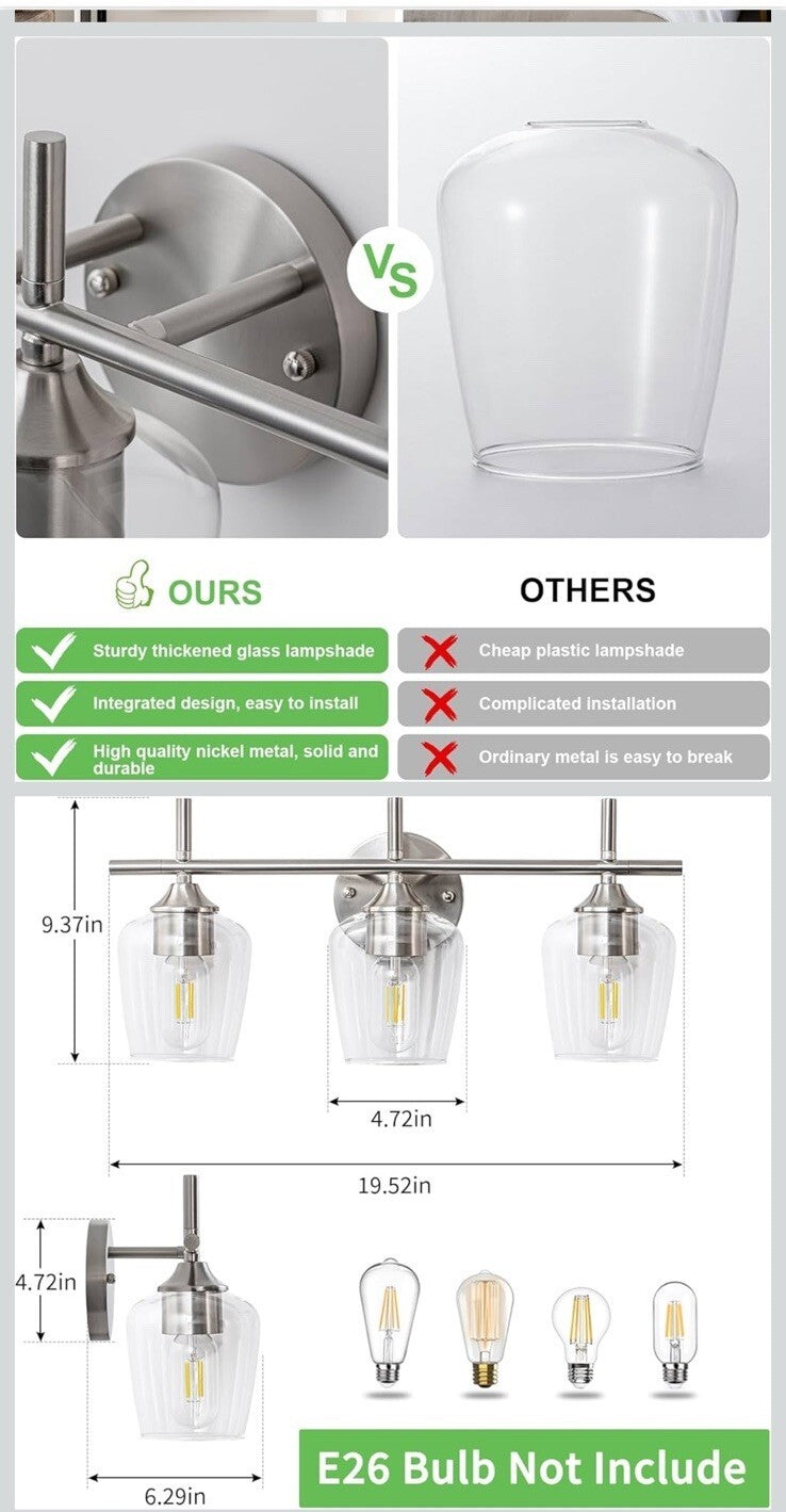 ADSENSTY 3-Light Nickel Vanity Light with Clear Glass Bathroom Wall Sconce