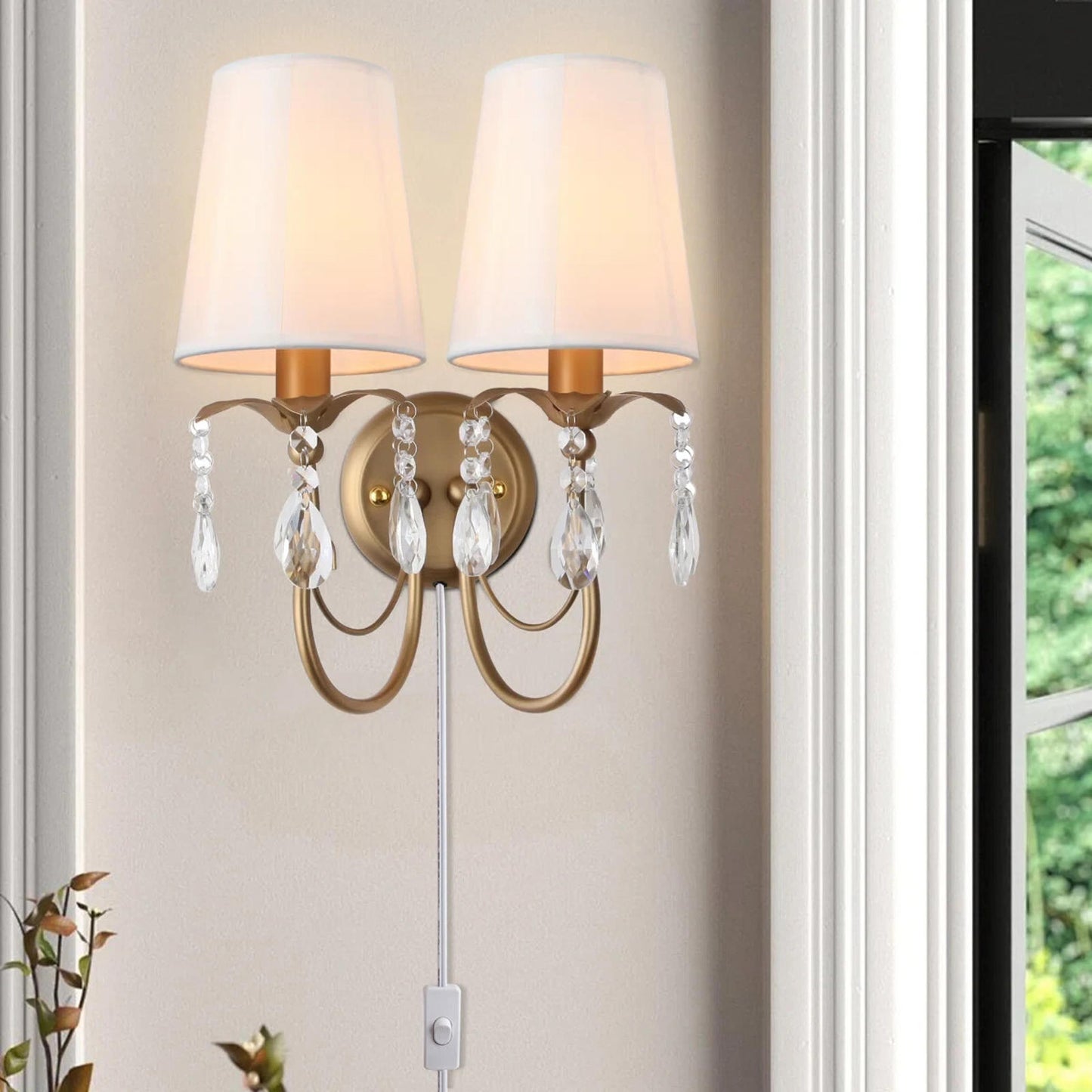 Vintage Wall Sconces with Fabric Lampshape& Crystal Hallway 2-Lights Wall Lamp