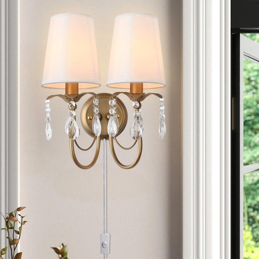 Vintage Wall Sconces with Fabric Lampshape& Crystal Hallway 2-Lights Wall Lamp