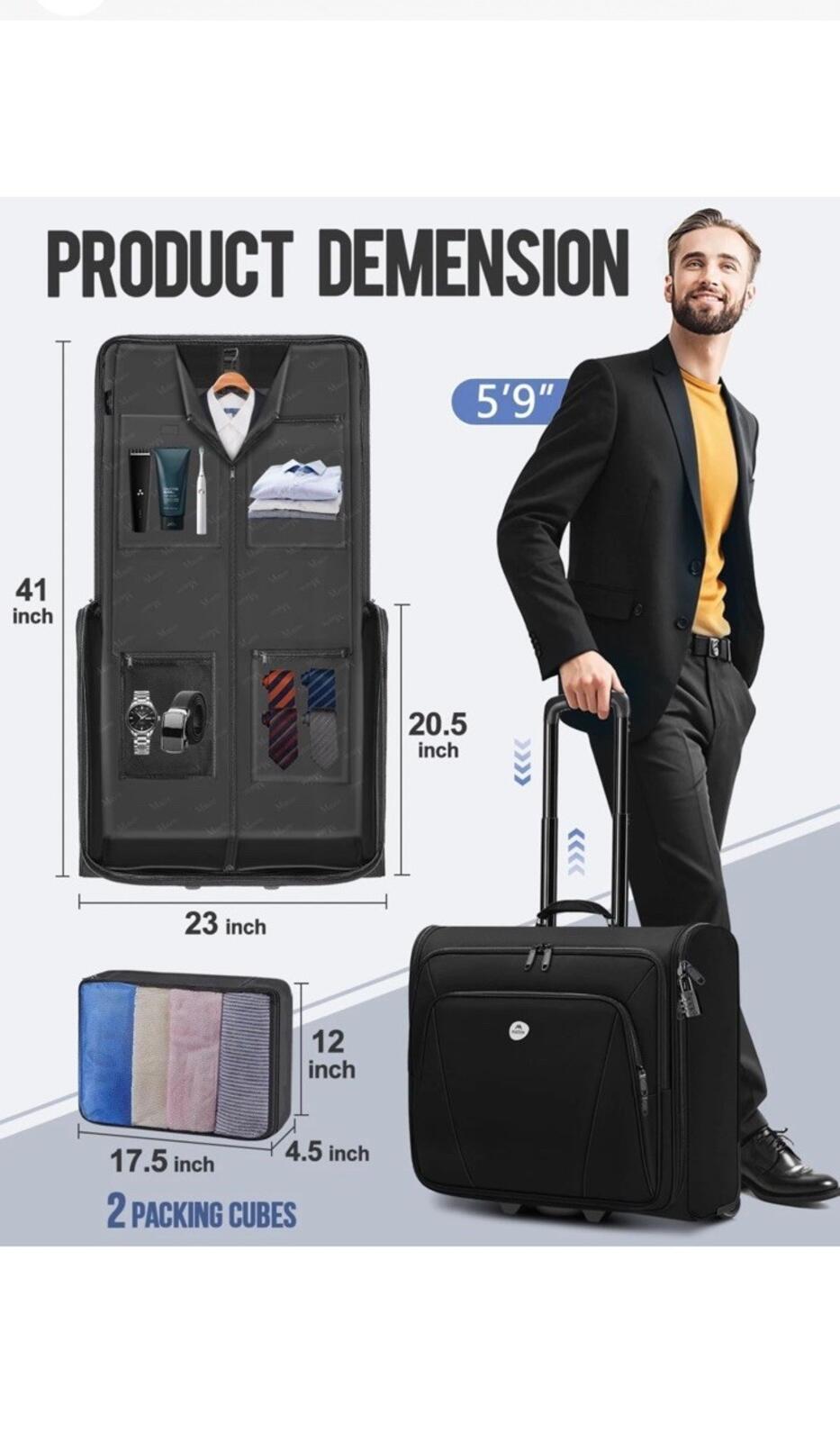 MATEIN 24” Rolling Garment Bag 2 Packing Cubes, Large Check-in Travel Garment