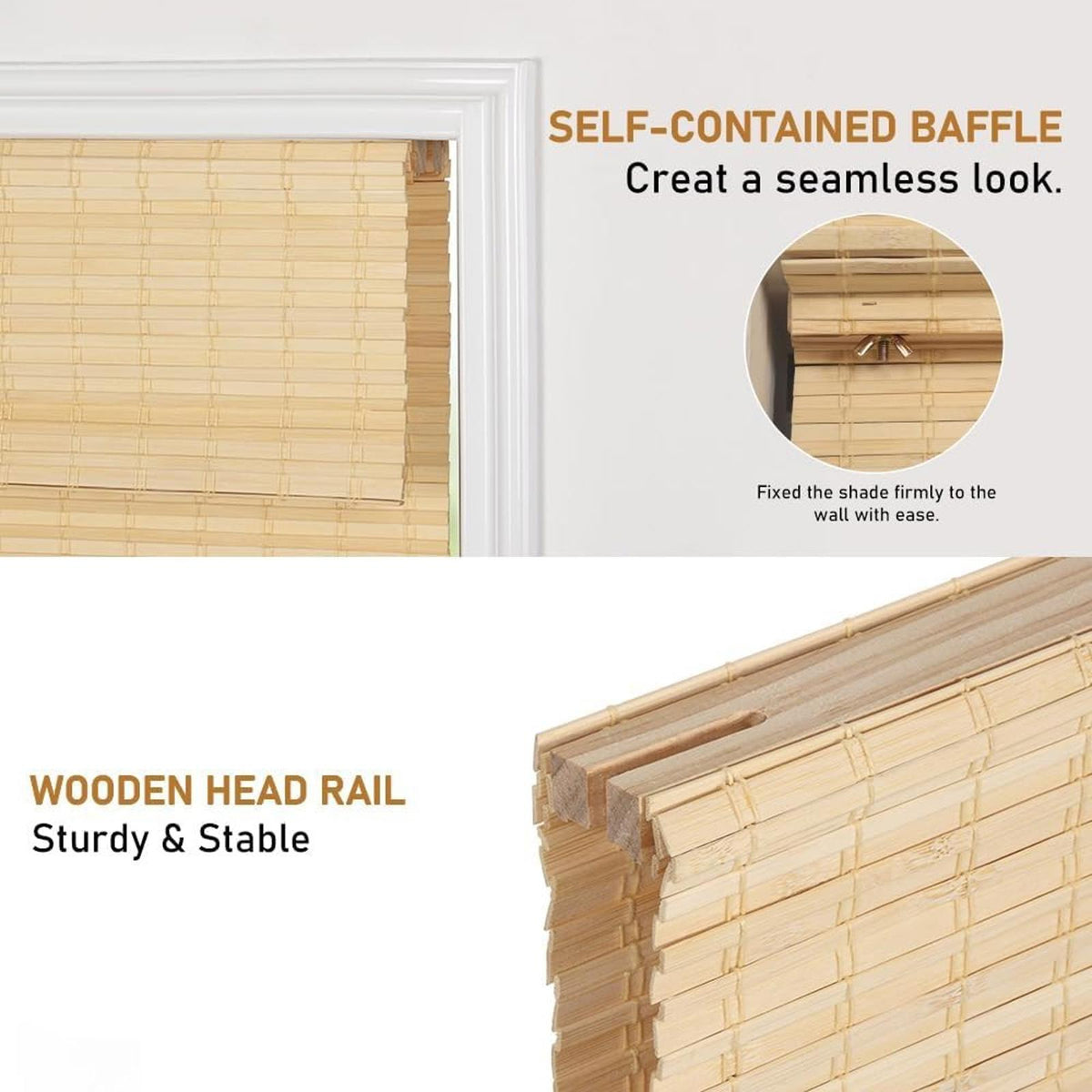 Cordless Bamboo Roman Shades, Blackout Natural Bamboo Blinds for Indoor Windows