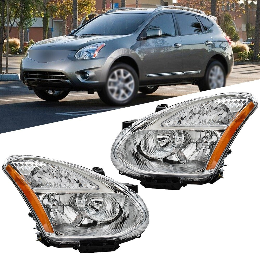 Headlights For Nissan Rogue 2008-2013 Halogen Chrome Headlamps Left+Right Side