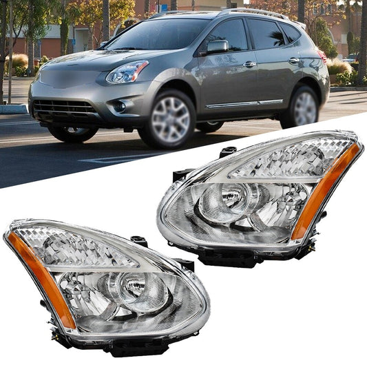 Headlights For Nissan Rogue 2008-2013 Halogen Chrome Headlamps Left+Right Side
