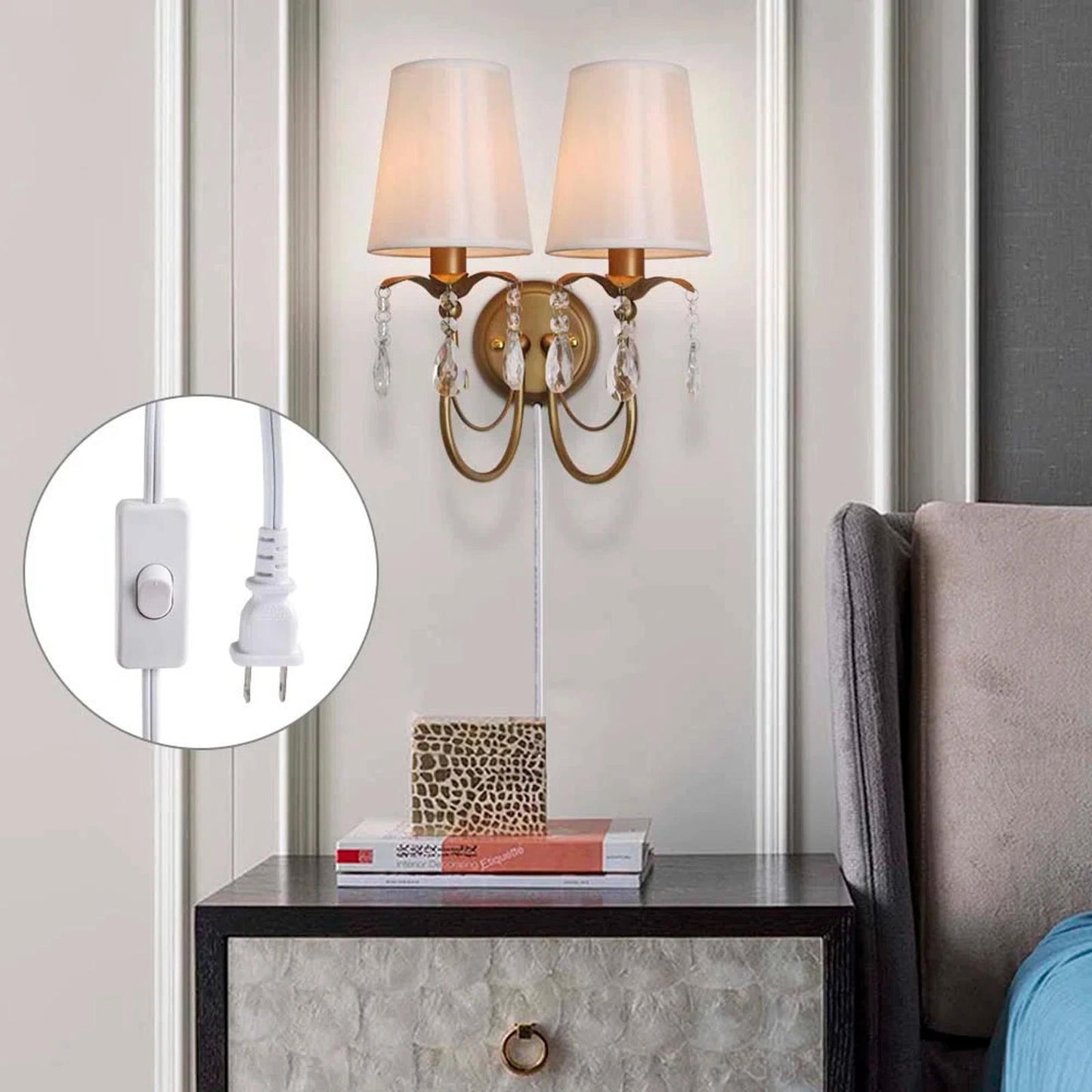 Vintage Wall Sconces with Fabric Lampshape& Crystal Hallway 2-Lights Wall Lamp