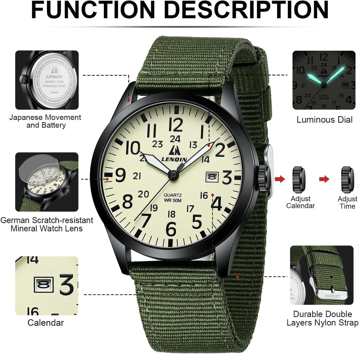 Men's Watch Unisex Military Sport Nylon Strap Stylish Luminous Fashion Analog